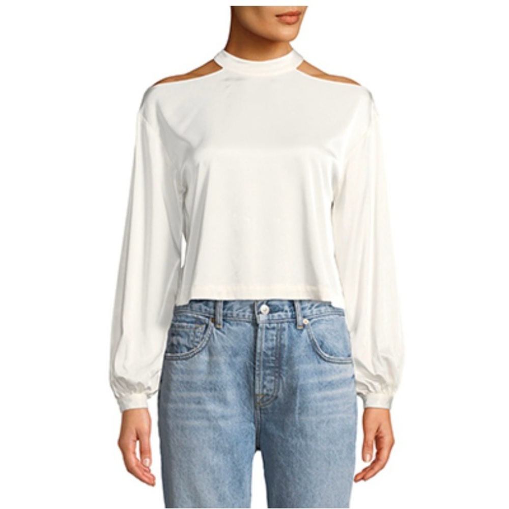 Marled White and Tan Crop Blouse with Mandarin Collar